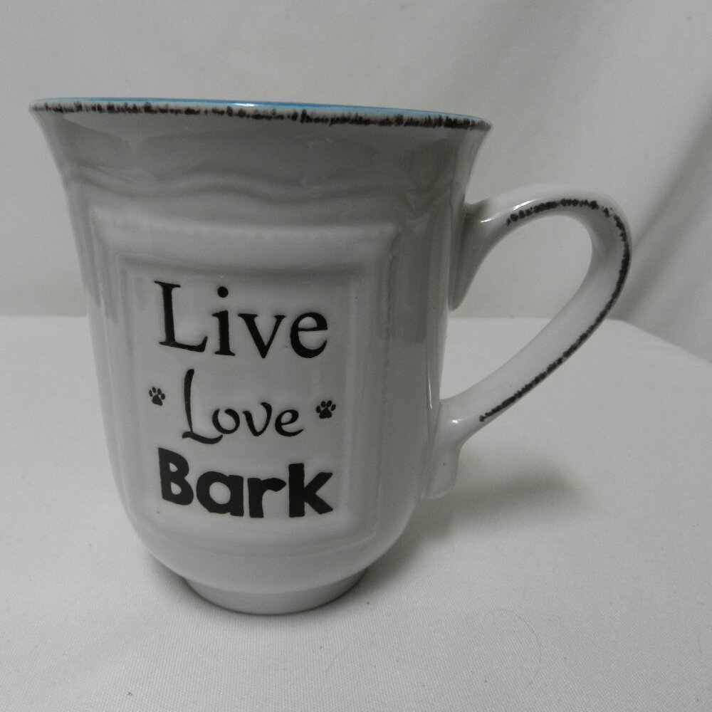 Live Love Bark Mug Cup white blue ceramic 2017 etched Micro Dish